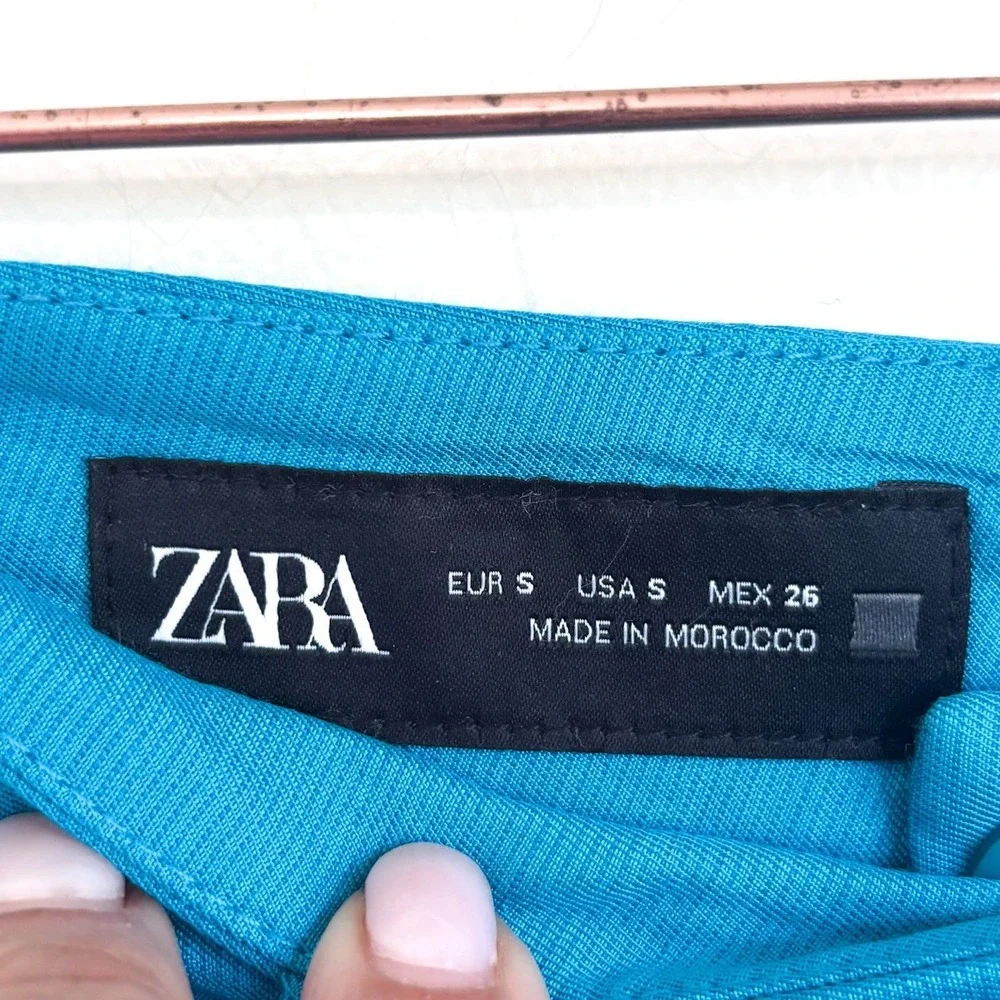 Zara Womens Wide Leg Flowy Linen Blend Pants Size S Aqua Blue‎ High Rise Pleated